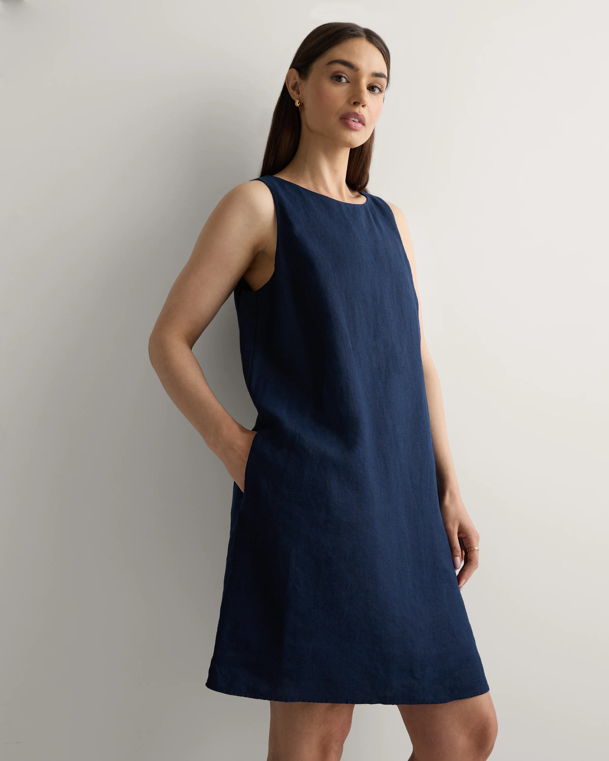 100% European Linen Tank Mini Dress - XS / Deep Navy