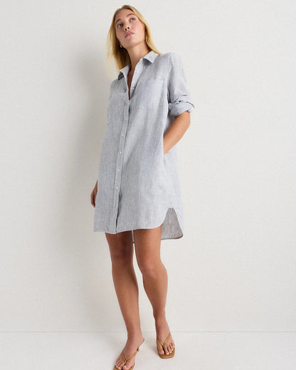 100% European Linen Shirt Dress - XS / Sky Blue Mariner Stripe
