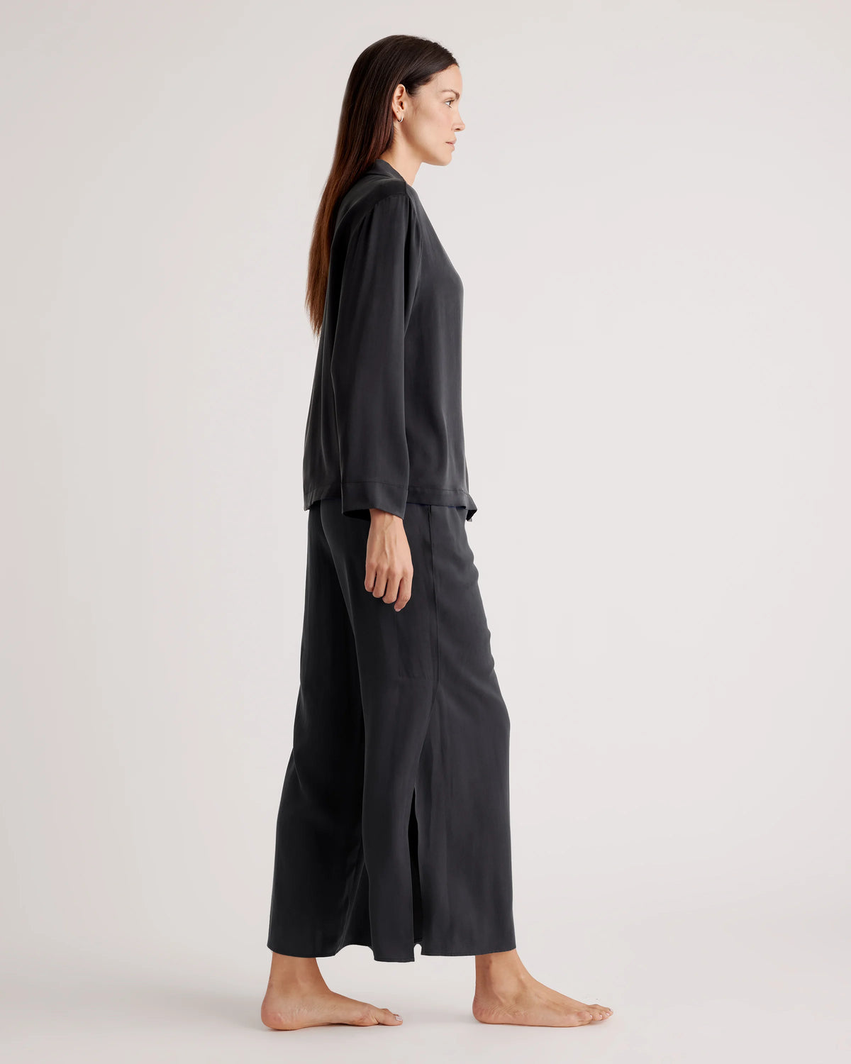 100% Washable Silk Pajama Long Sleeve Top - XS / Black