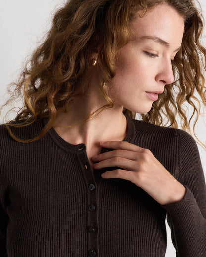 Cotton Cashmere Fitted Ribbed Cardigan - XS / Mocha Heather