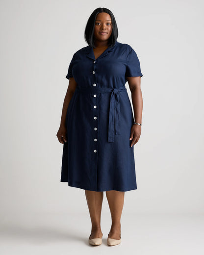 100% European Linen Button Front Dress - 1X / Blue Pinstripe
