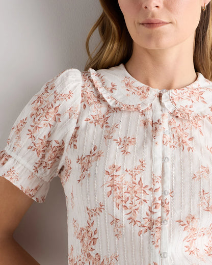 Embroidered Cotton Ruffle Collar Short Sleeve Blouse - XS / Classic White