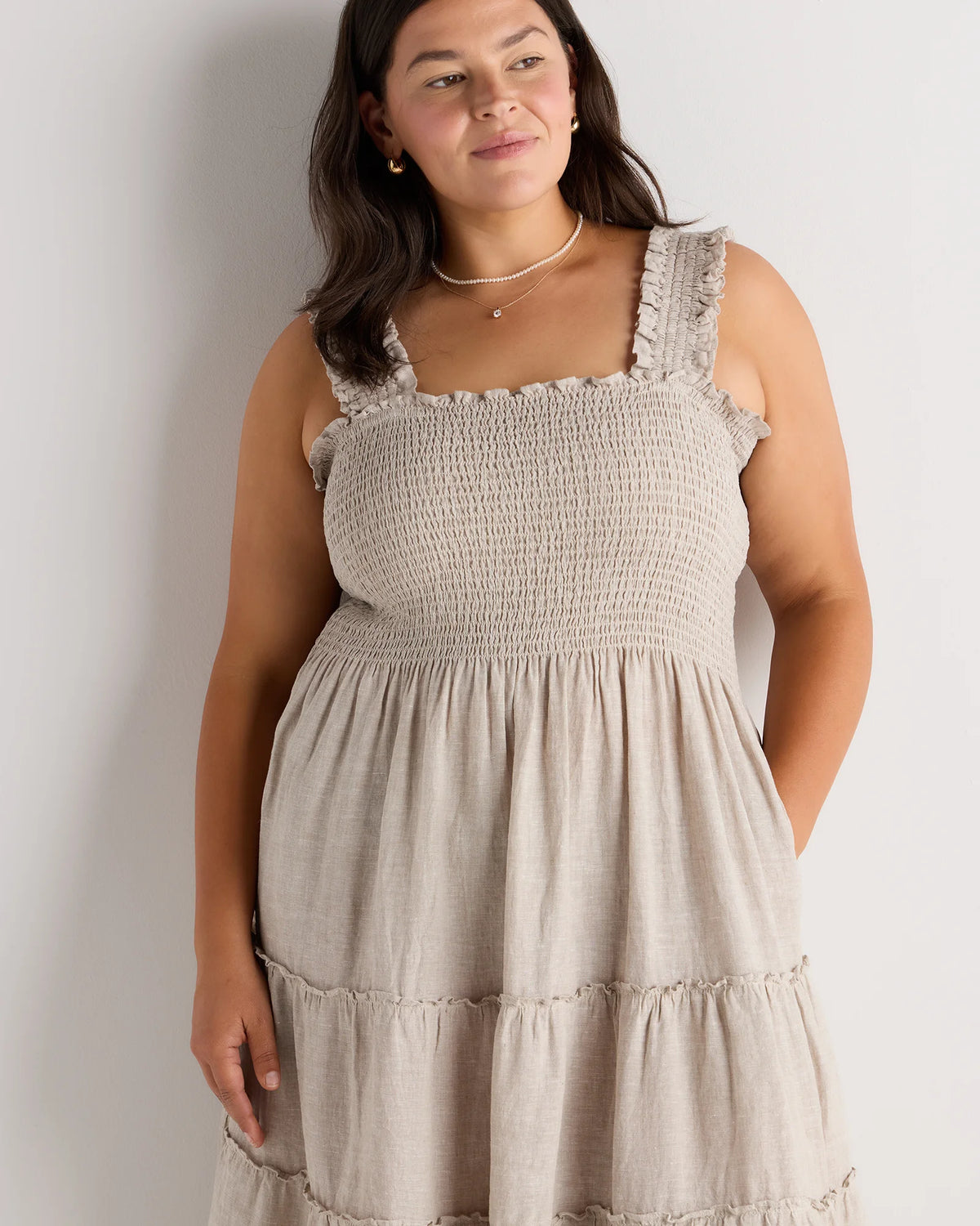 100% European Linen Smocked Midi Dress - 1X / Flax