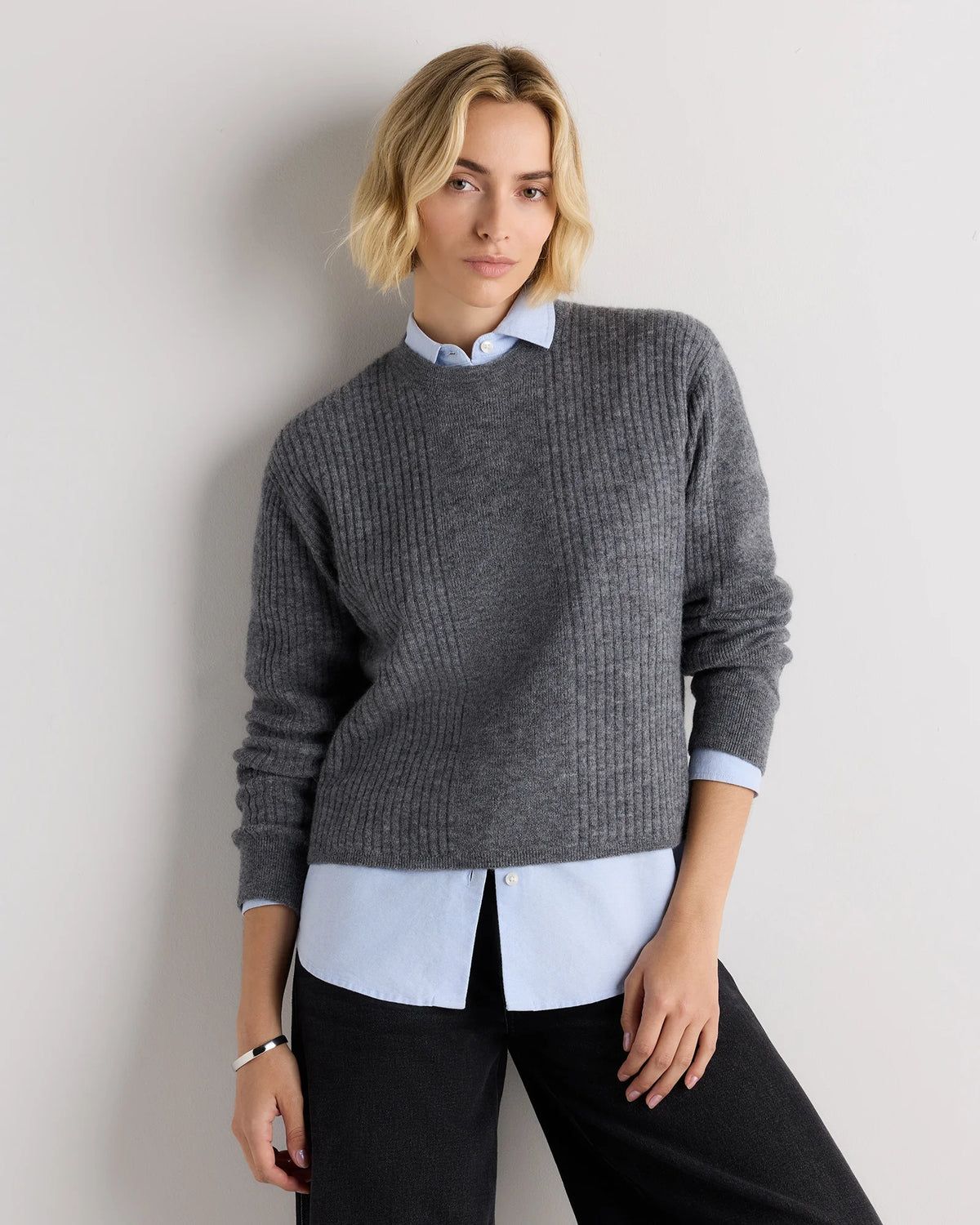 Lightweight Baby Alpaca Ribbed Crewneck - XS / Smoked Charcoal