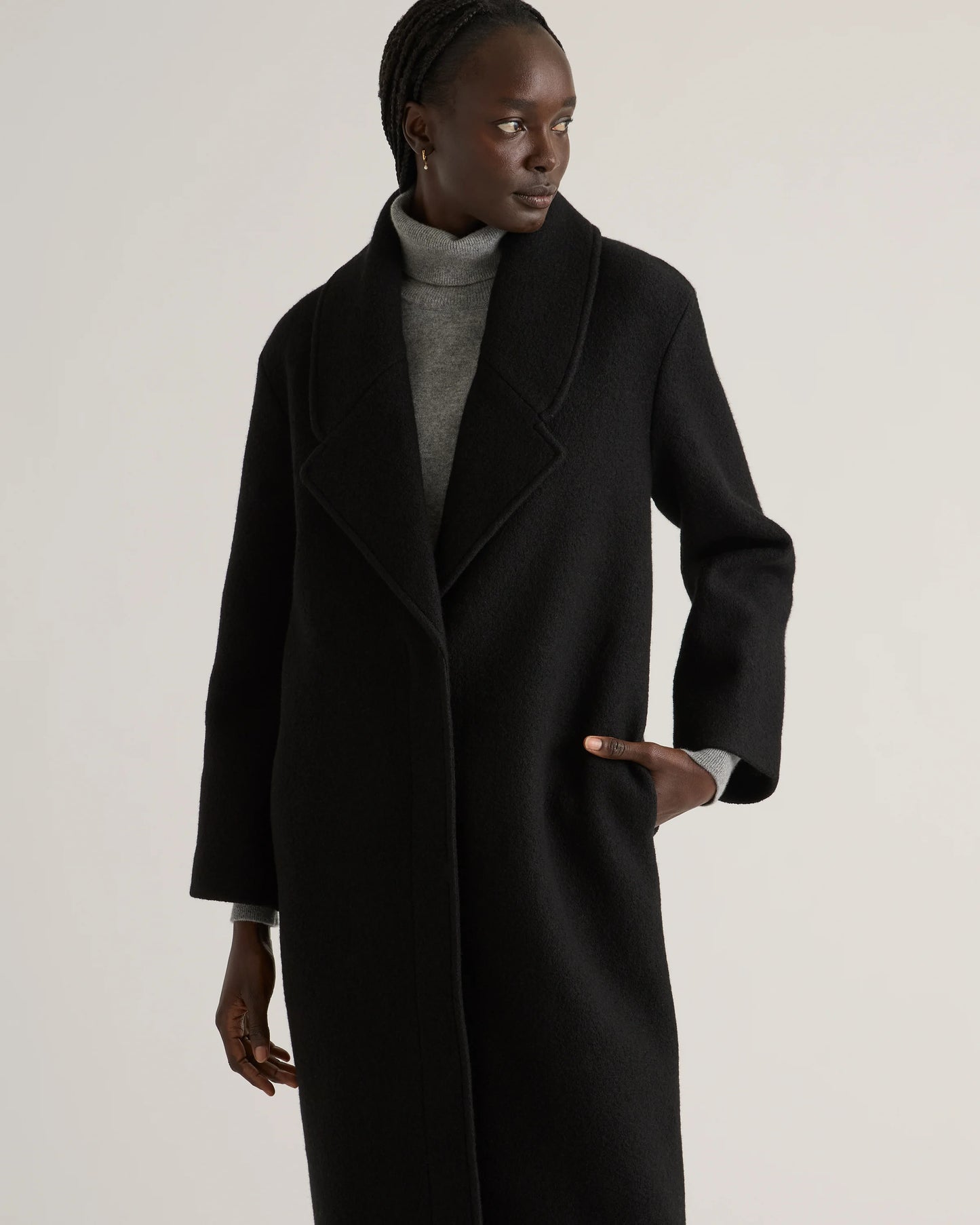 100% Merino Wool Shawl Collar Long Coat - XS / Heather Bone