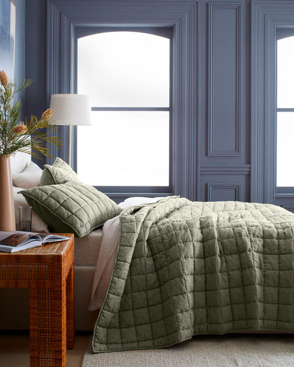 European Linen Box Quilt Set - Twin / Dusty Olive