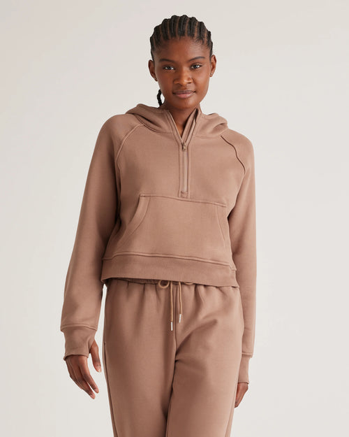 Organic Heavyweight Fleece Cropped Half Zip Hoodie - XS / Taupe