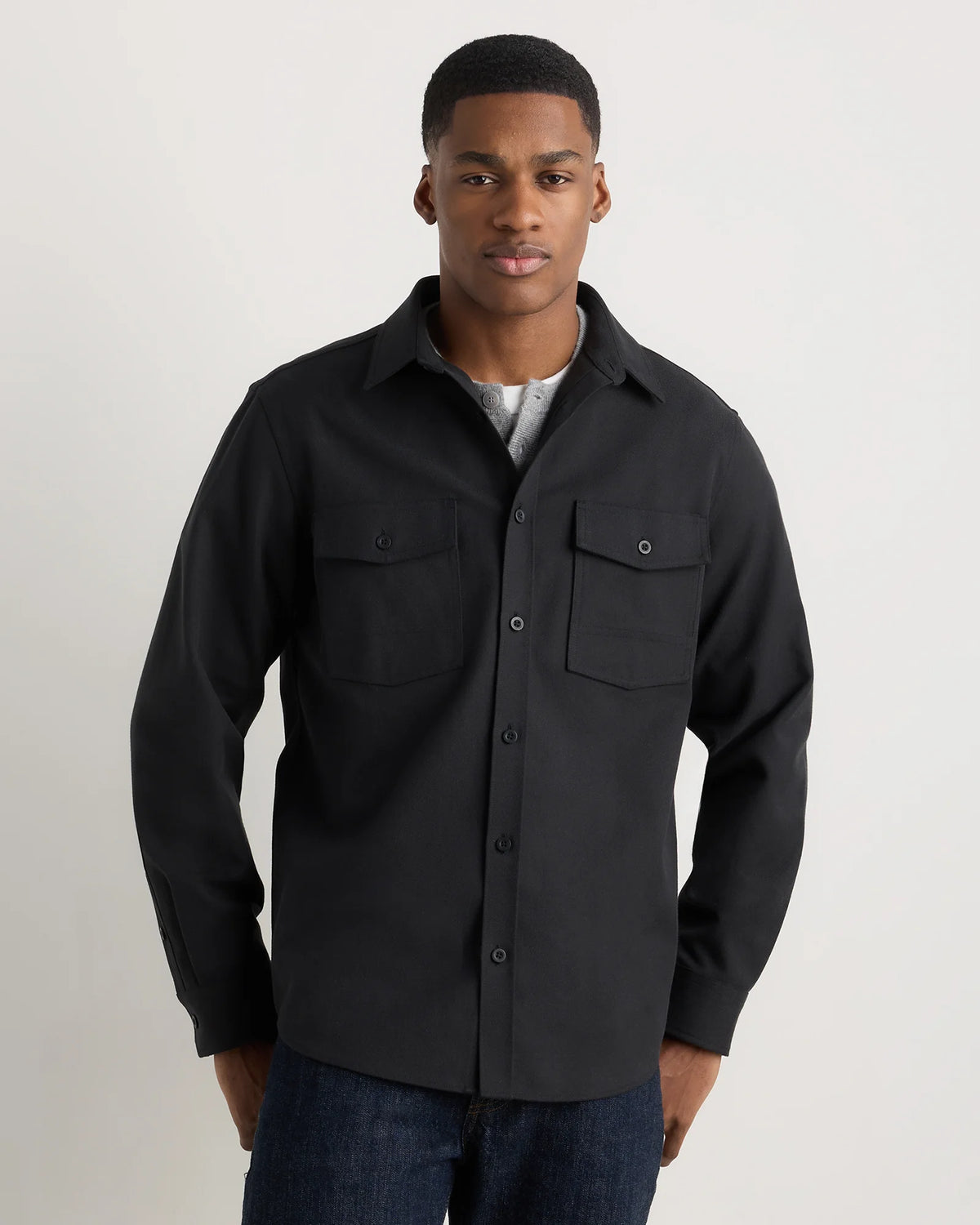 Brushed Cotton Wool Utility Overshirt - S / True Black