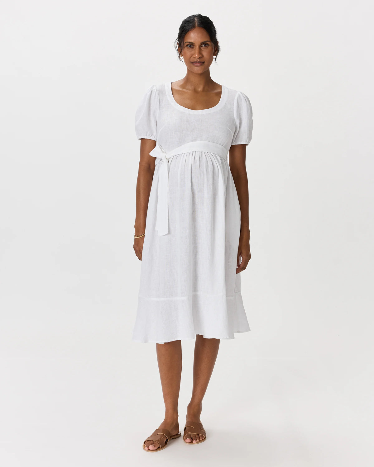 100% European Linen Maternity Short Sleeve Midi Dress - XS / Ivory Porcelain Blue Petite Floral