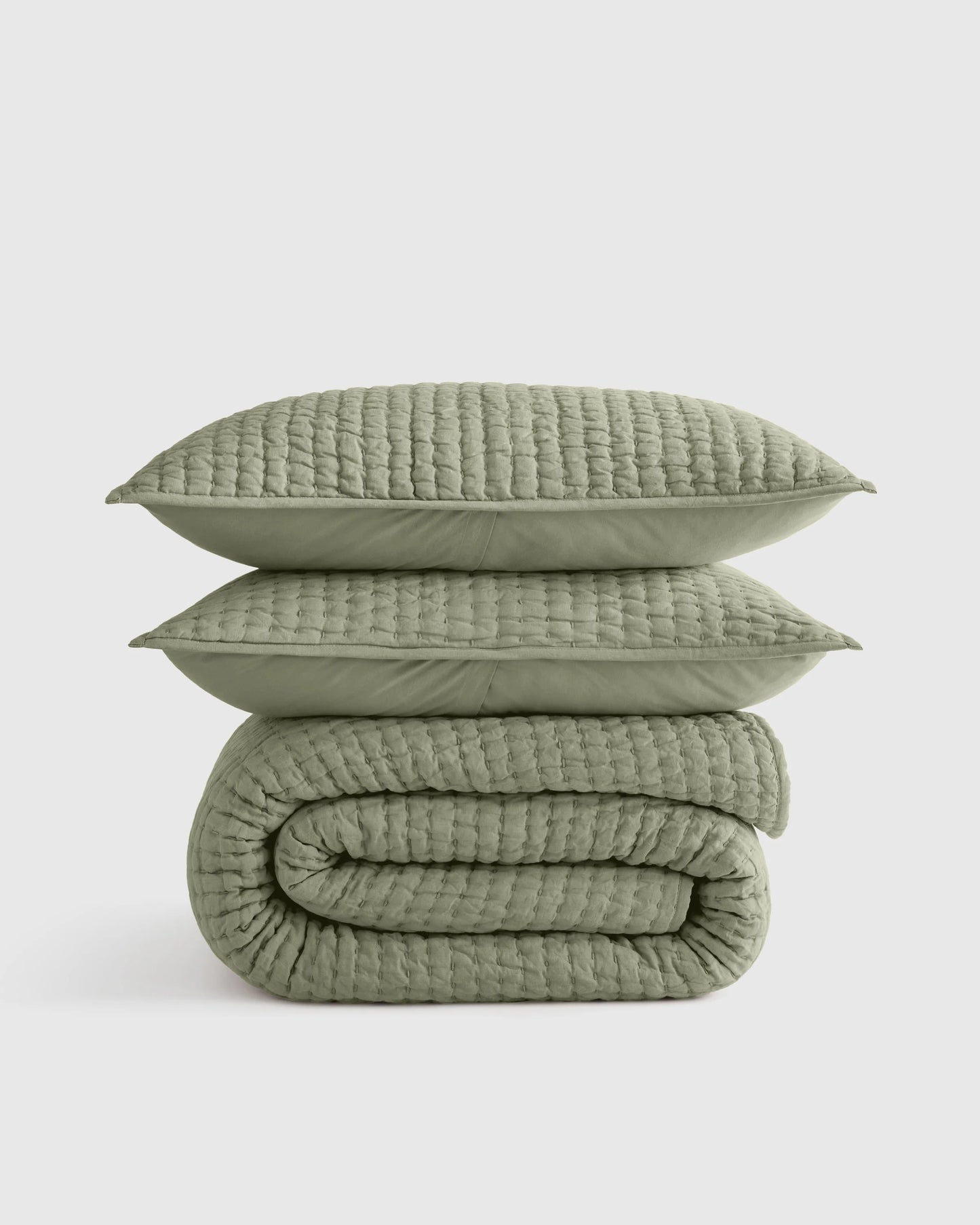 European Linen Cotton Stitch Quilt Set - Twin / Stone