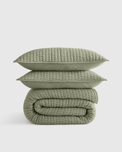 European Linen Cotton Stitch Quilt Set - Twin / Stone