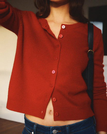 Mongolian Cashmere Cropped Crew Cardigan - XS / Heather Vintage Pink / Brown Variegated Stripe