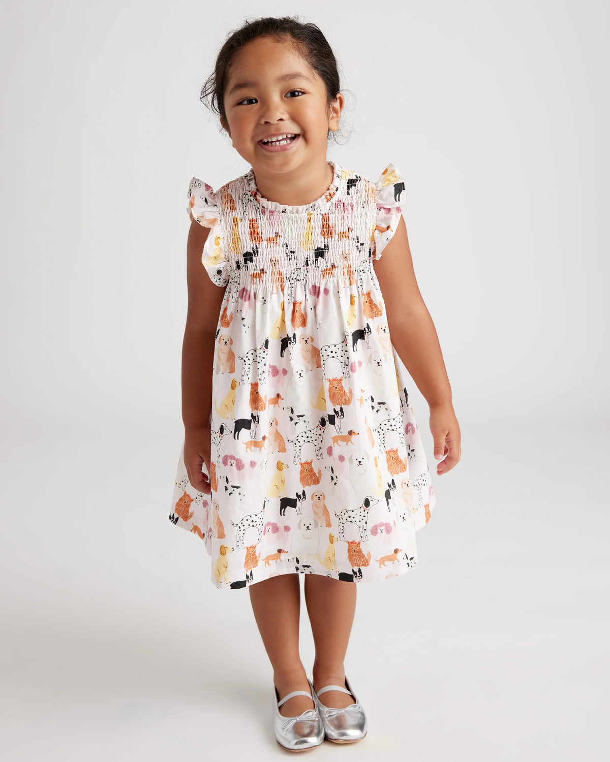 100% Organic Cotton Poplin Smocked Flutter Sleeve Dress - 2T / Blue Ditsy Floral