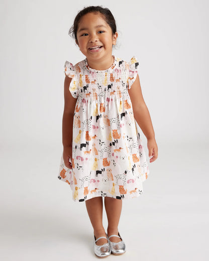 100% Organic Cotton Poplin Smocked Flutter Sleeve Dress - 2T / Blue Ditsy Floral