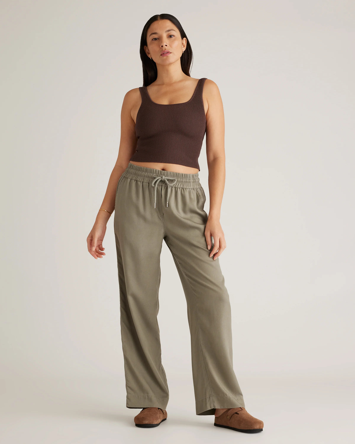 Vintage Wash Tencel Wide Leg Pants - XS / Olive