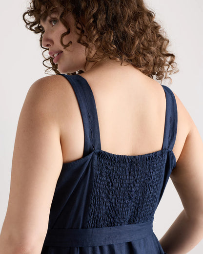100% European Linen Square Neck Jumpsuit - 1X / Deep Navy