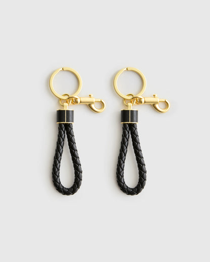 Italian Leather Braided Key Ring (2-Pack) - One Size / Black/Gold