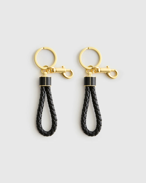 Italian Leather Braided Key Ring (2-Pack) - One Size / Black/Gold