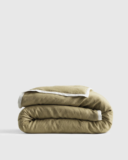 European Linen Contrast Flange Duvet Cover - Twin / Aloe/Sand