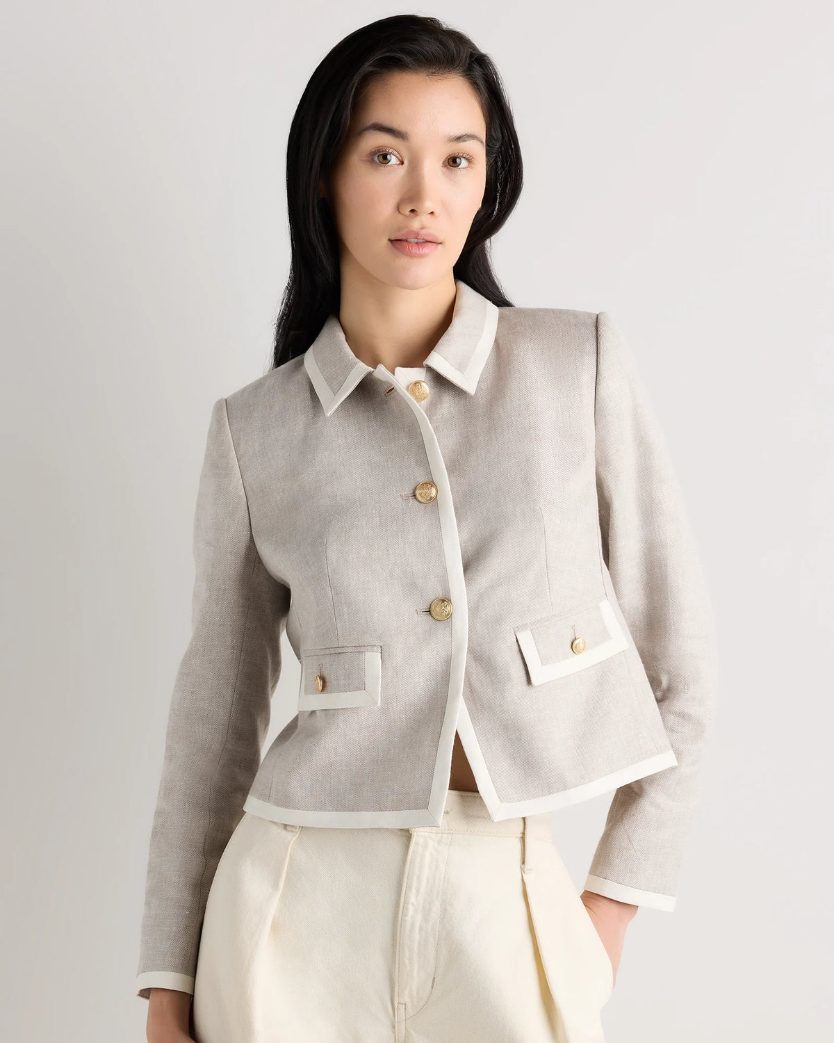 European Stretch Linen Cropped Lady Jacket - XS / Deep Navy/Ivory