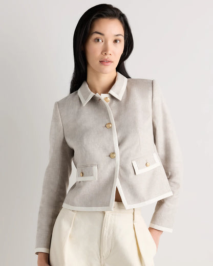 European Stretch Linen Cropped Lady Jacket - XS / Deep Navy/Ivory