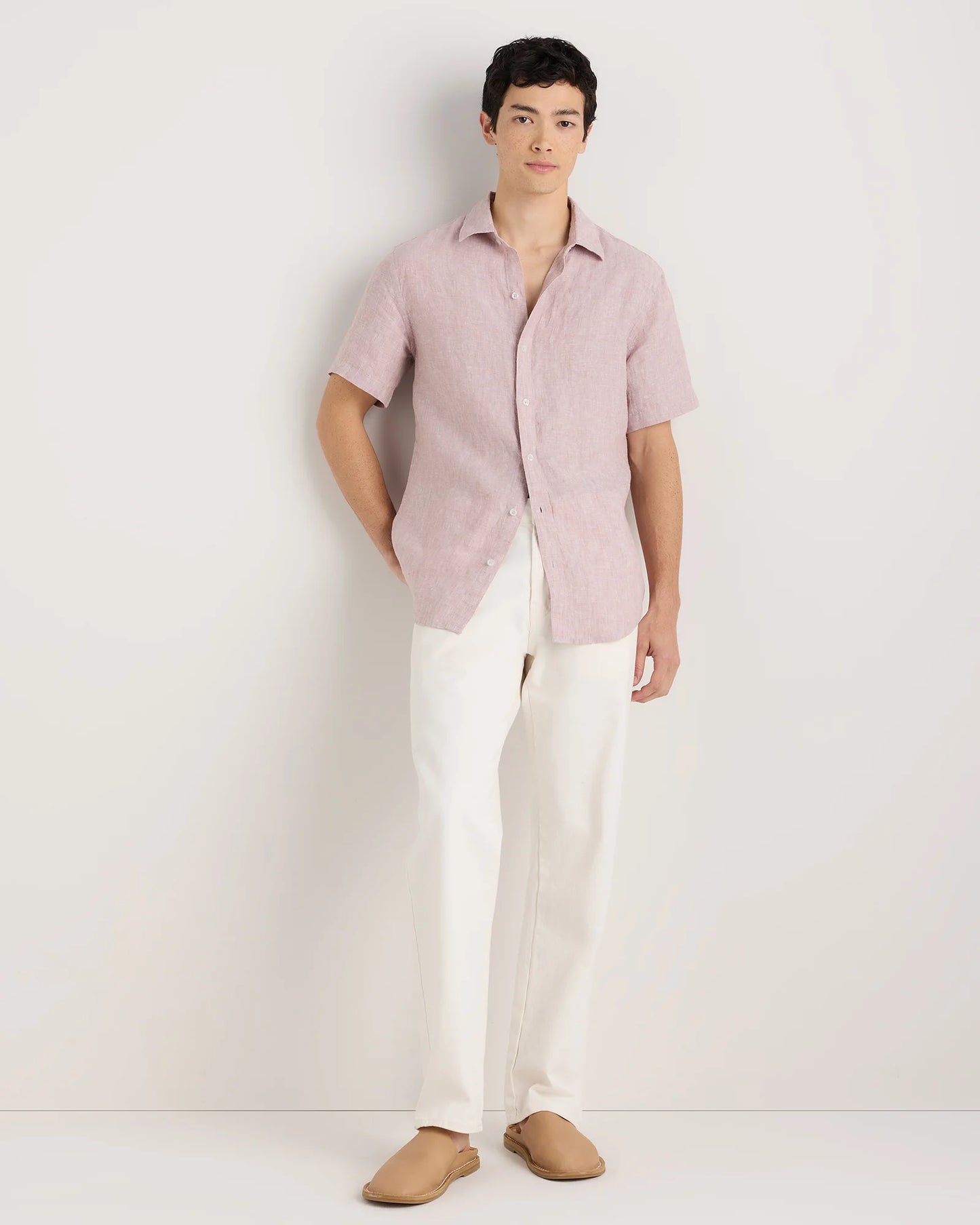 100% European Linen Relaxed Short Sleeve Shirt - XS / Taupe Brown Chambray