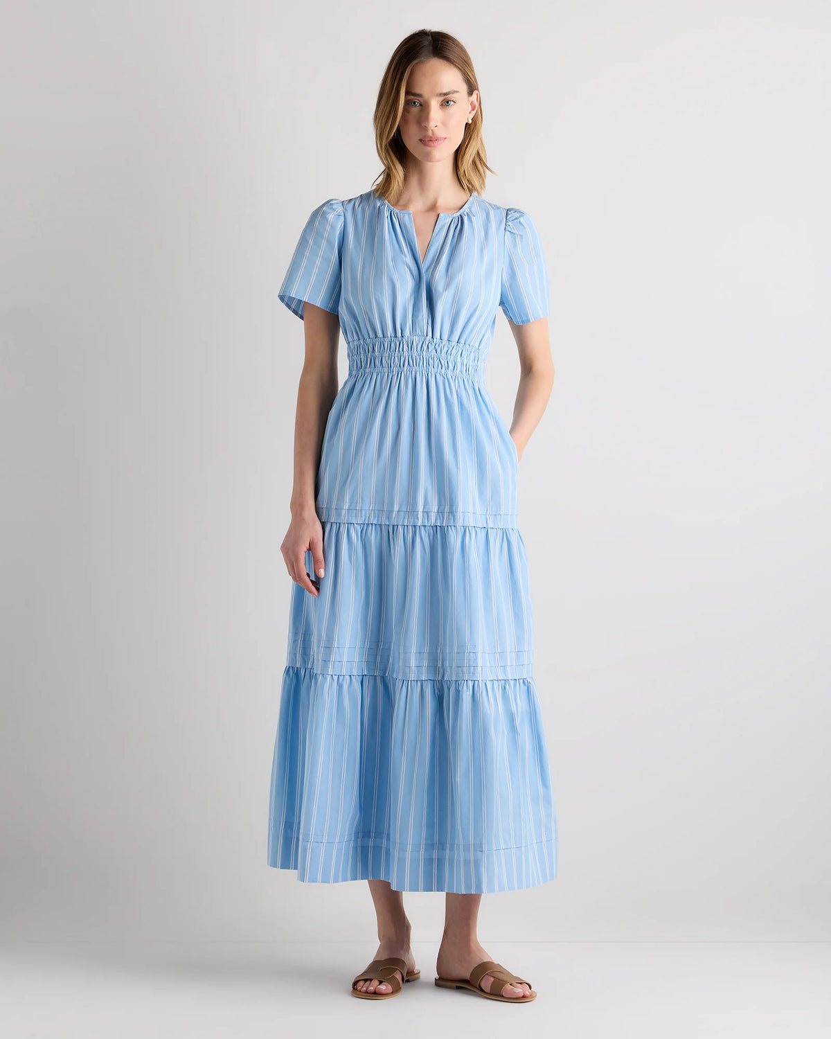 100% Organic Cotton Poplin Tiered Maxi Dress - XS / Riviera Blue Heirloom Floral
