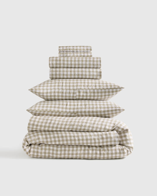 European Linen Gingham Deluxe Bedding Bundle - Twin / Willowleaf