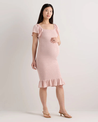Lightweight Crepe Smocked Flutter Sleeve Maternity Dress - XS / Shell Pink