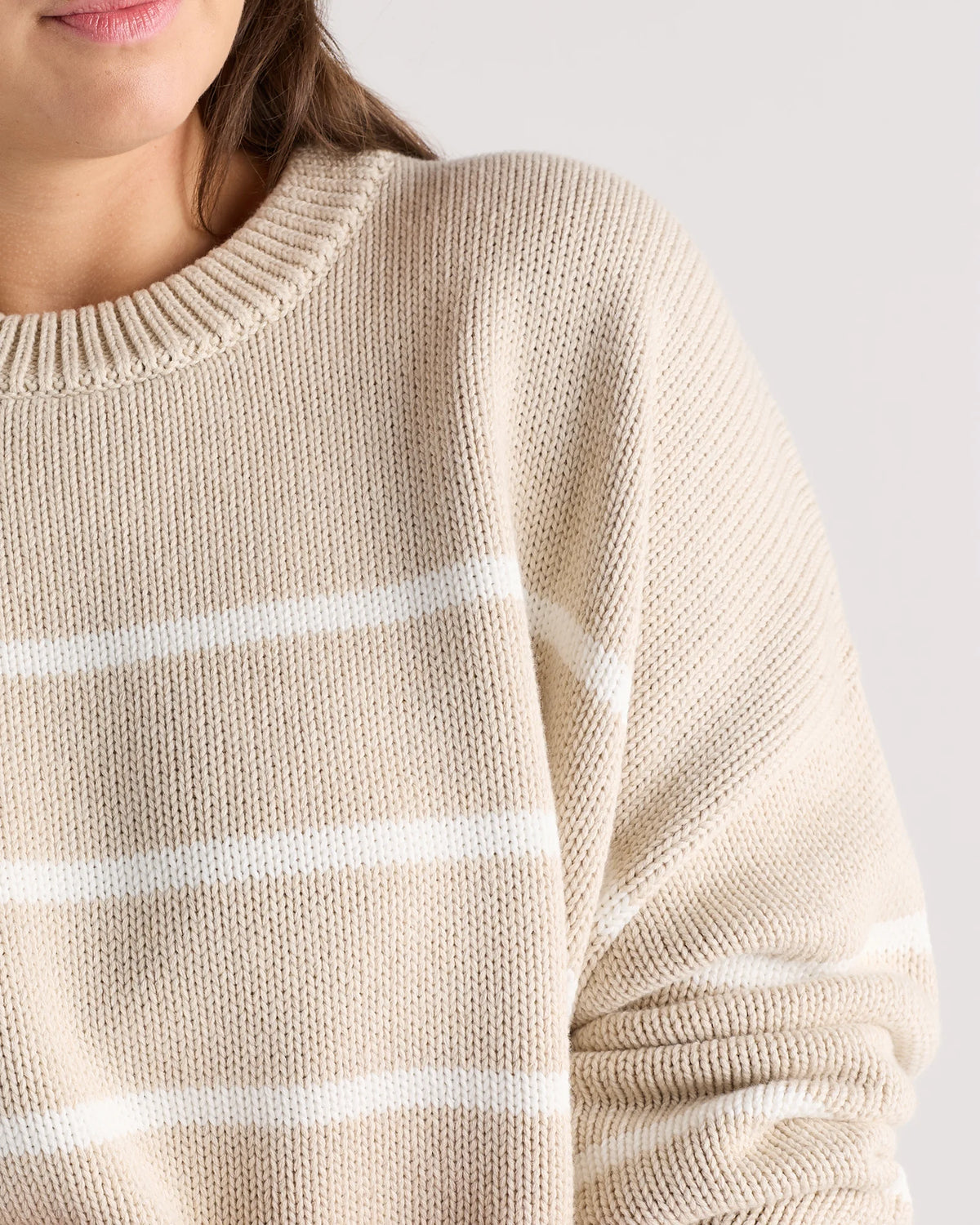 100% Organic Cotton Striped Crew Sweater - 1X / Speckled Beige/Ivory
