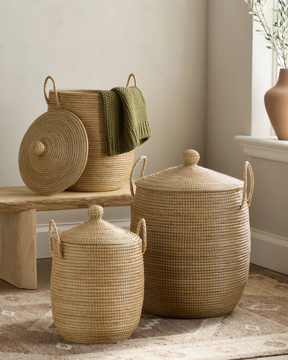 Handwoven Seagrass Lidded Storage Baskets (Set of 3) - Set of 3 (S/M/L) / White Wash