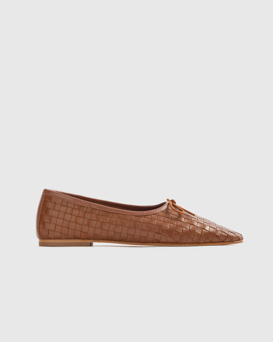 Italian Leather Handwoven Square Toe Ballet Flat - 5 / Cognac