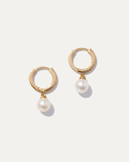 14K Gold Pave Diamond Hoop Pearl Drop Earrings - One Size / Yellow Gold