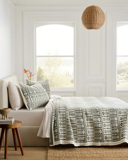 Organic Cotton Jacquard Floral Coverlet Set - Twin / Blue Fog