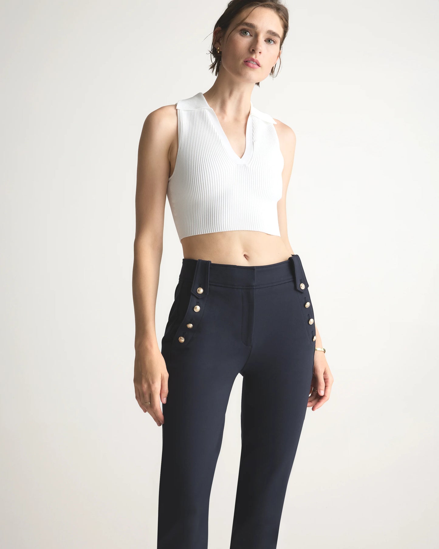 Cropped Polo Ribbed Knit Tank - XS / White