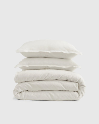 European Linen Double Embroidered Edge Duvet Cover Set - Twin / Sand with Terracotta Embroidery