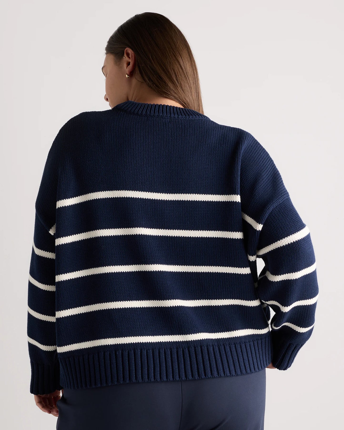 100% Organic Cotton Striped Crew Sweater - 1X / Speckled Beige/Ivory