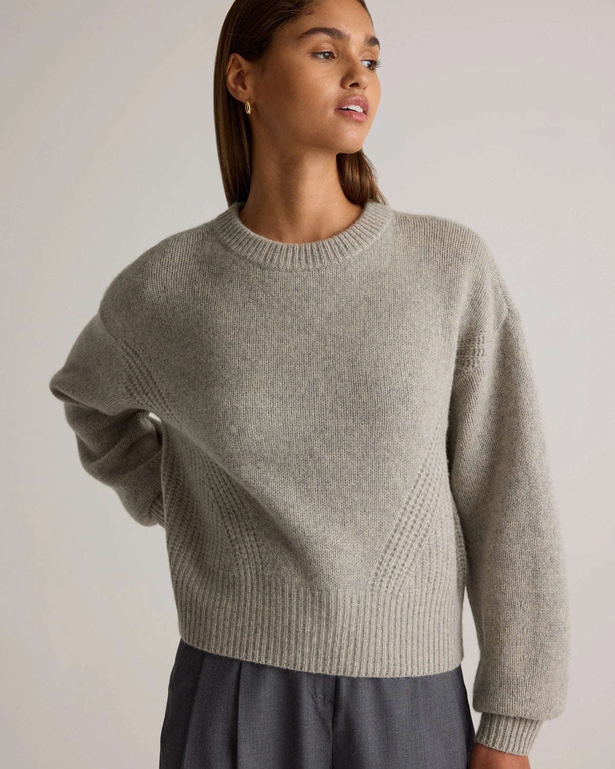 100% Yak Wool Pointelle Detail Relaxed Crew - XS / Heather Brown