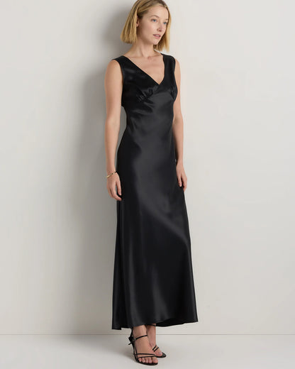 100% Washable Silk V-Neck Maxi Dress - XS / Black