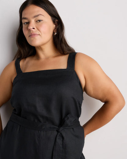 100% European Linen Square Neck Jumpsuit - 1X / Deep Navy