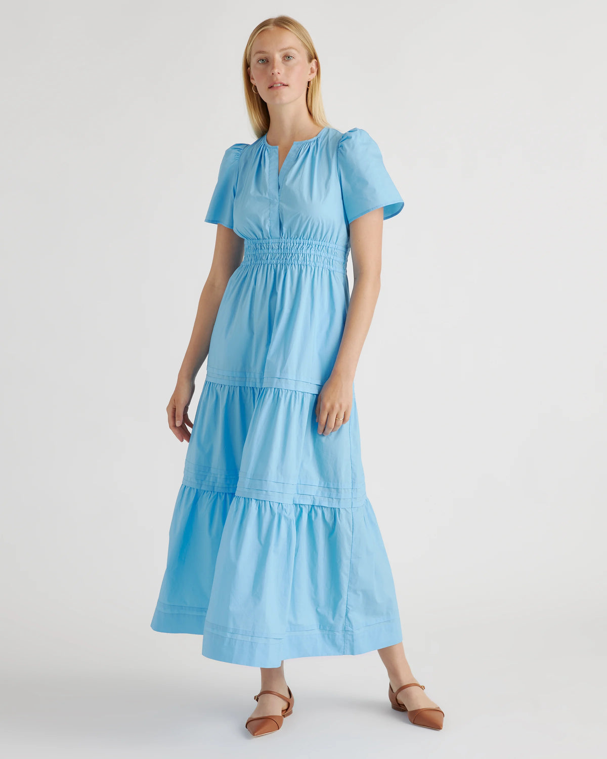 100% Organic Cotton Poplin Tiered Maxi Dress - XS / Riviera Blue Heirloom Floral