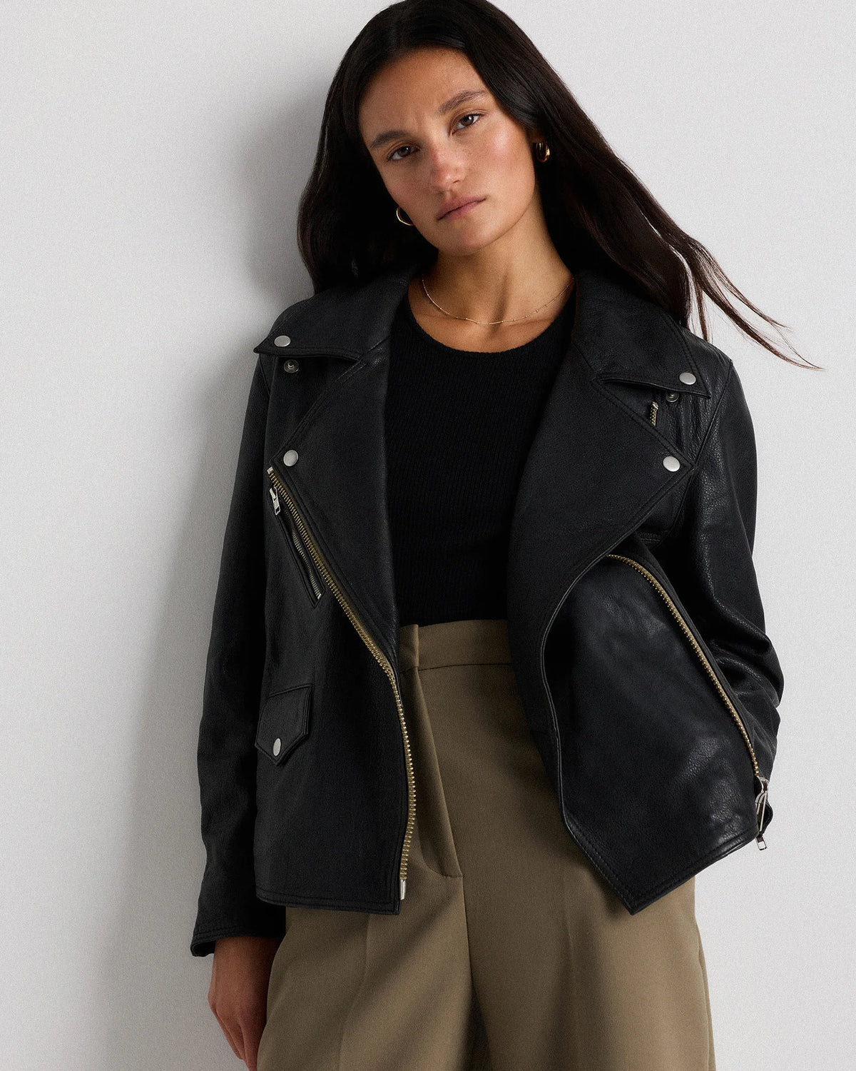 100% Leather Oversized Biker Jacket - XS / True Black