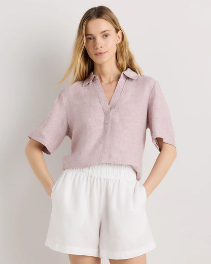 100% European Linen Short Sleeve Popover Top - XS / Blue Pinstripe