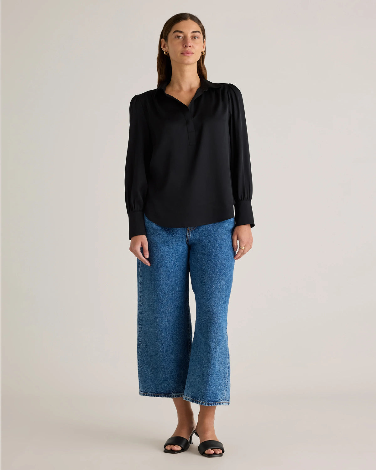 Washable Stretch Silk Split Neck Blouse - XS / Forest Green
