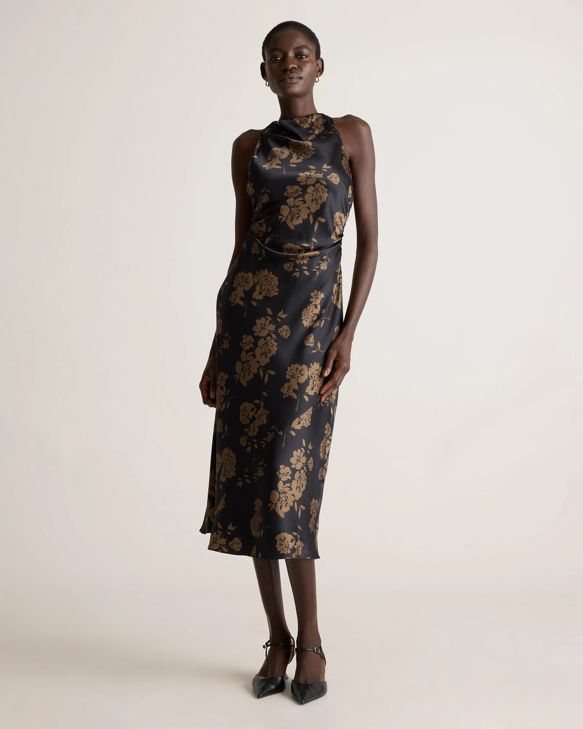 Washable Stretch Silk High Neck Midi Dress - XS / Vintage Navy Roses