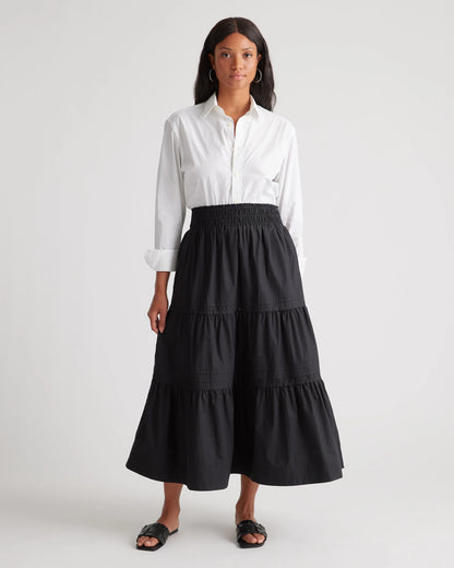 100% Organic Cotton Poplin Tiered Maxi Skirt - XS / Black