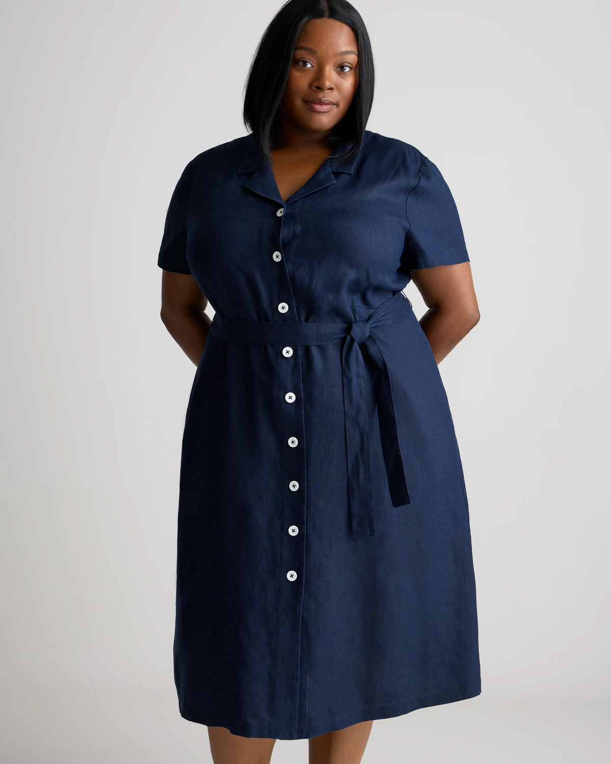 100% European Linen Button Front Dress - 1X / Blue Pinstripe