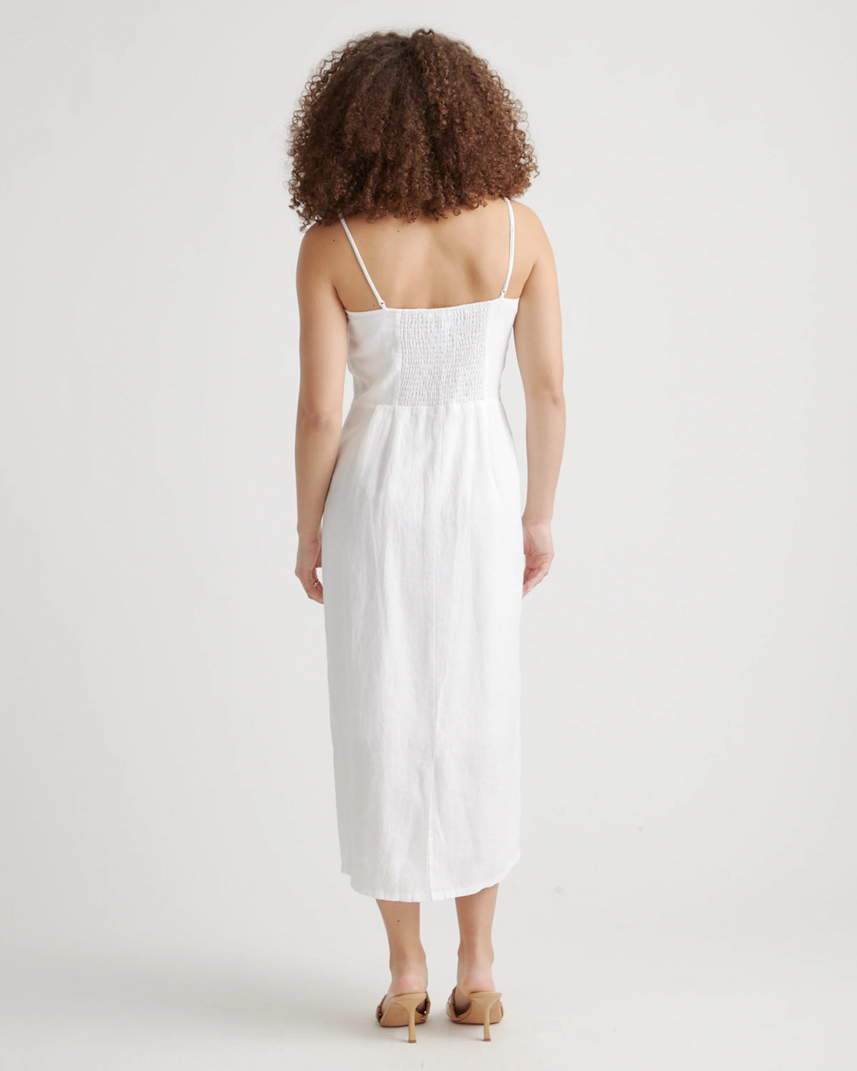100% European Linen Scoop Neck Midi Dress - XS / Ivory Porcelain Blue Petite Floral