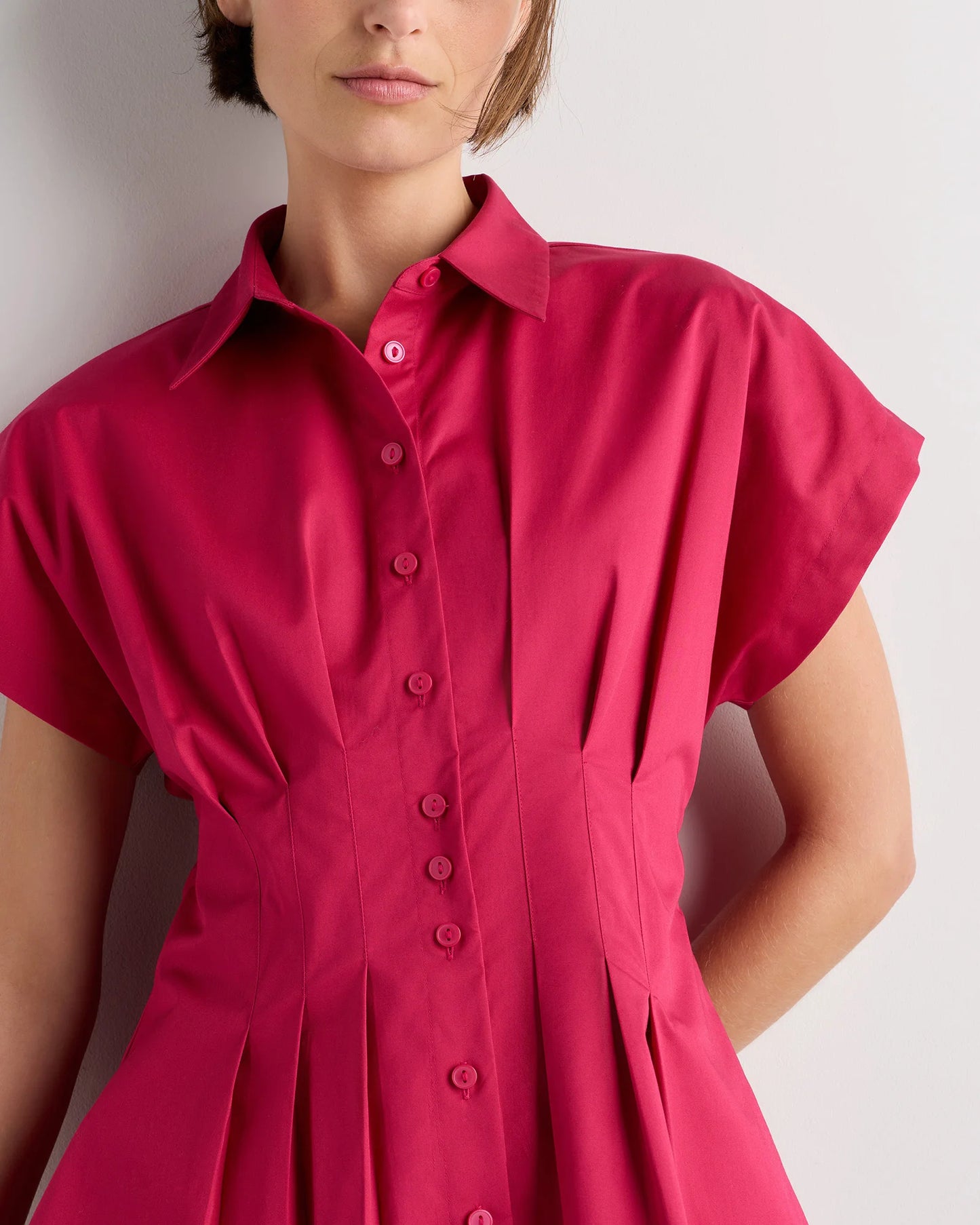 Stretch Twill Pleated Short Sleeve Shirt - XS / Amaranth Pink