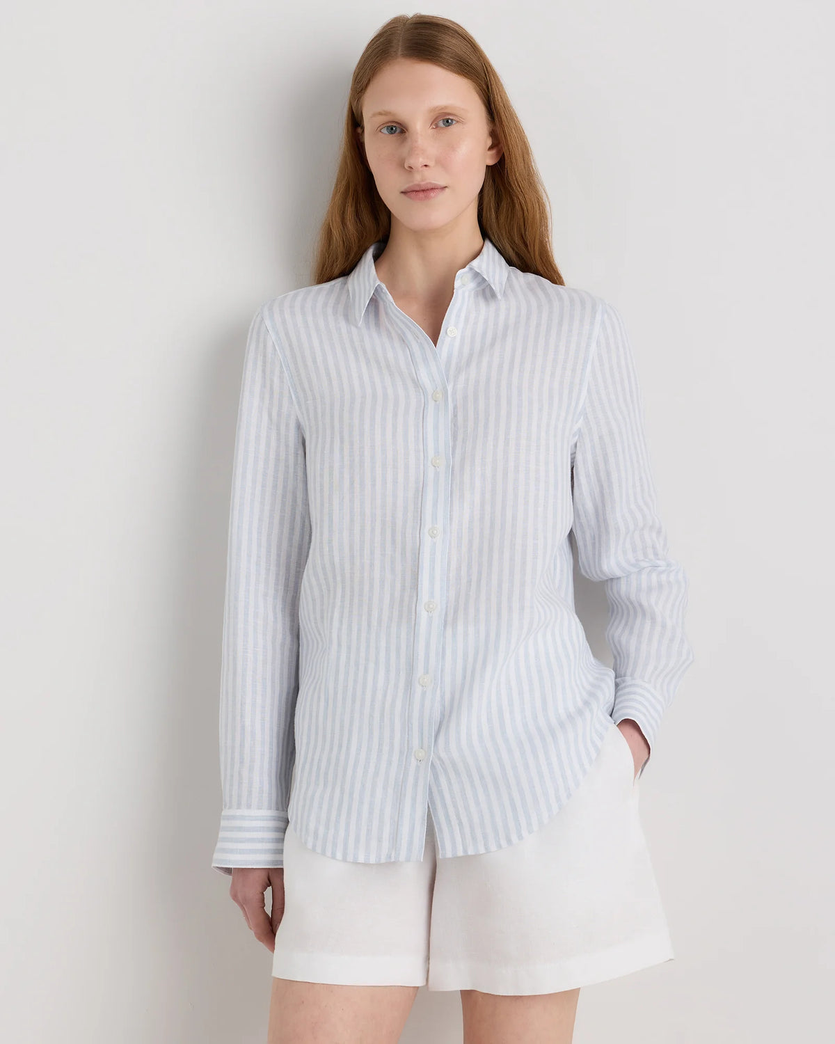 100% European Linen Long Sleeve Shirt - XS / Blue Pinstripe